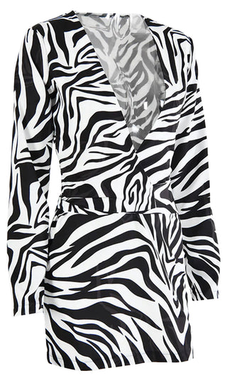 Love The Night Life Black White Zebra Stripe Pattern Long Sleeve Plunge V Neck Tie Front Bodycon Mini Dress