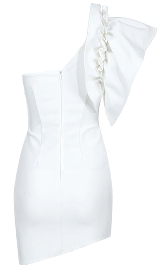 Embraceable You White One Shoulder Ruffle Cap Sleeve Asymmetric Hem Bodycon Bandage Mini Dress