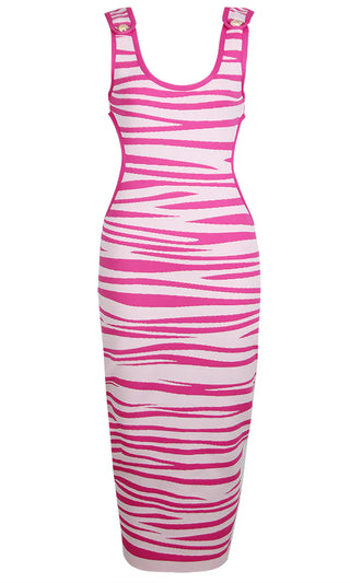 Stripe Right Pink Geometric Striped Pattern Sleeveless Scoop Neck Cut Out Sides Bodycon Bandage Midi Dress