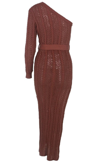 Sheer Elegance Rust Orange Hollow Crochet Chevron Knit Long Sleeve One Shoulder High Slit Maxi Casual Dress