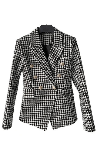 Running The Show Black White Houndstooth Long Sleeve Double Breasted Blazer Jacket Outerwear
