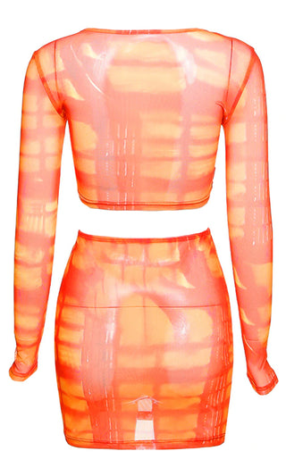 Sheer Imagination Tie Dye Pattern Sheer Mesh Long Sleeve Scoop Neck Tie Crop Top Bodycon Two Piece Casual Mini Dress