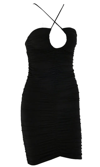 Feel The Passion Black Sleeveless Spaghetti Strap Ruched Crop Cut Out Tie Back Keyhole Bodycon Mini Dress
