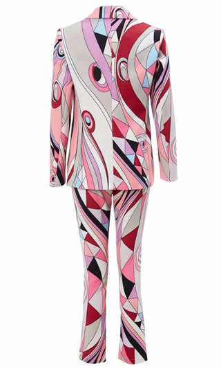 Boss Life <br><span>Pink Geometric Pattern Long Sleeve Single Breast Blazer Jacket Skinny Pant Two Piece Set</span>