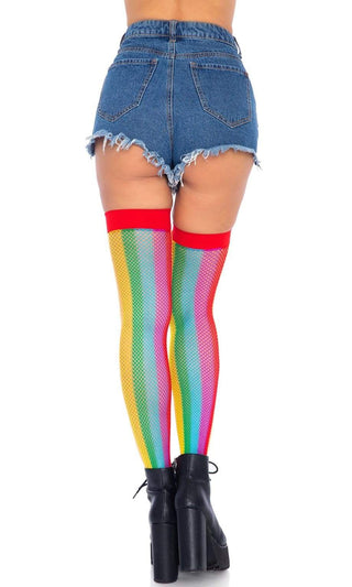 Soaring Above <br><span>Multicolor Rainbow Vertical Stripe Pattern Sheer Mesh Fishnet Thigh High Stockings Tights</span>