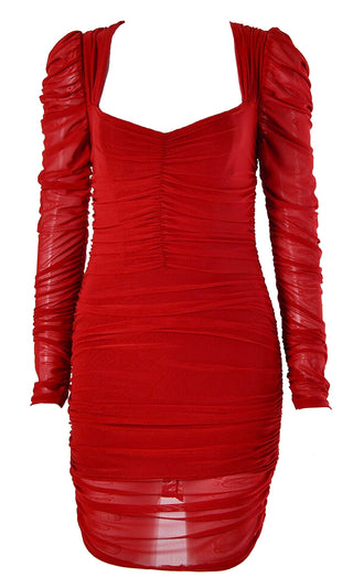 Enjoying The Night Sheer Mesh Long Sleeve Puffed Shoulder V Neck Ruched Bodycon Mini Dress - 2 Colors Available