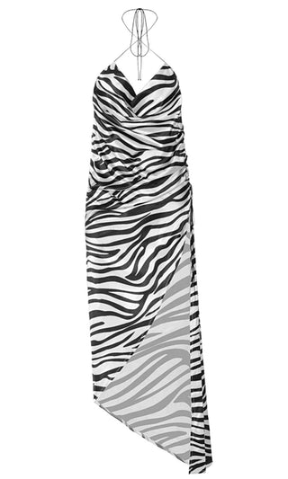 It's My Decade Zebra Black White Animal Print Pattern Sleeveless Spaghetti Strap Halter Cowl Slit Backless Drape V Neck Casual Maxi Dress