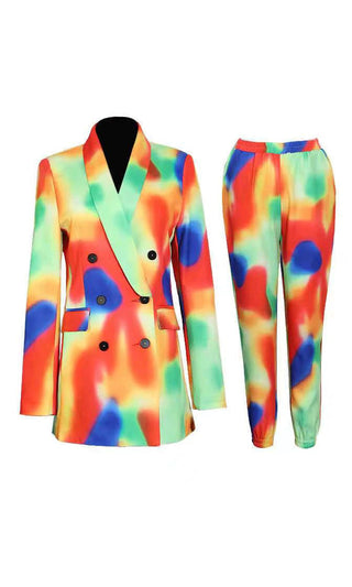 Bold Statement <br><span>Green Tie Dye Pattern Long Sleeve Double Breasted Blazer Jacket Elastic Waist Pant Two Piece Jumpsuit Set</span>