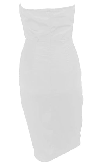One More Night White Satin Strapless Draped Sweetheart Neck Bodycon Midi Dress - 3 Colors Available