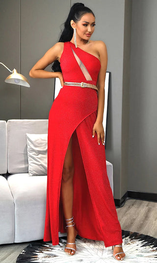 Big Thrill Red One Shoulder Sleeveless Glitter Cross Wrap Cut Out Front Slit Maxi Dress