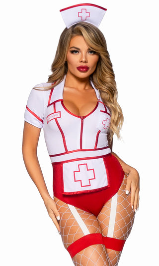Feeling Feverish <br><span>White Red Short Sleeve V Neck Zipper Bodysuit Nurse Two Piece Halloween Costume</span>