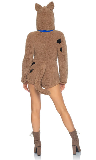 Mystery Pup <br><span>Brown Animal Pattern Long Sleeve Faux Fur Hood Zip Romper Halloween Costume</span>