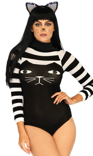 Cat Calls <br><span>Black White Stripe Pattern Kitty Face Tail Mock Neck Long Sleeve Bodysuit Top</span>