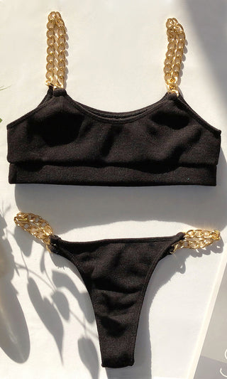On The Boat <br><span>Black Knit Soft Cotton Feel Micro Ribbed Chain Strap Sleeveless Scoop Neck Crop Top Brazilian Two Piece Bikini Swimsuit <span>