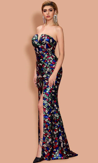 Window Dressing <br><span>Multicolor Sequin Stained Glass Geometric Pattern Strapless V Neck Center Slit Mermaid Maxi Dress</span>