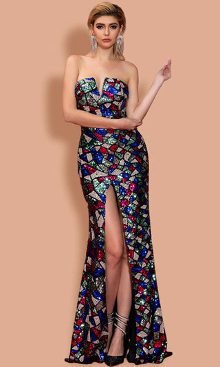 Window Dressing <br><span>Multicolor Sequin Stained Glass Geometric Pattern Strapless V Neck Center Slit Mermaid Maxi Dress</span>