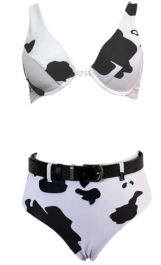 Cowgirl On <br><span> Black White High Waist Underwire Cow Animal Print Pattern Two Piece Bikini Set Swimsuit </span>