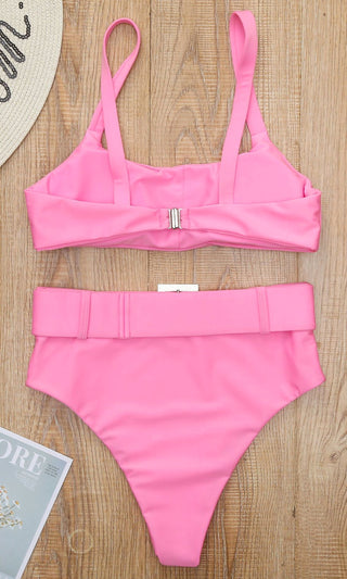 Summer Sorbet <br><span> Pink Sleeveless Square Neck Crop Top Rhinestone Buckle High Waist Brazilian Two Piece Bikini Swimsuit </span>