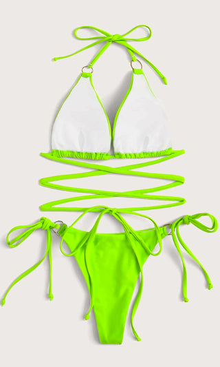 Atlantic City Attitude <br><span>Neon Green Crisscross Spaghetti Strap Triangle Top O Ring Thong Bikini Two Piece Swimsuit <span>