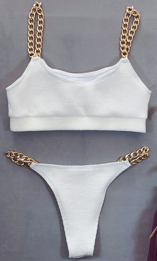On The Boat <br><span>White Knit Soft Cotton Feel Micro Ribbed Chain Strap Sleeveless Scoop Neck Crop Top Brazilian Two Piece Bikini Swimsuit <span>