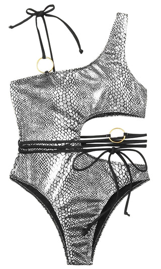 Summer Heat <br><span> Metallic Silver Snake Pattern One Shoulder Cut Out Gold O Ring Spaghetti Strap Monokini One Piece Swimsuit </span>