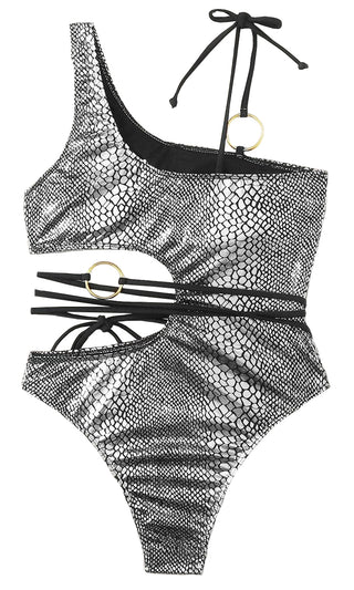 Summer Heat <br><span> Metallic Silver Snake Pattern One Shoulder Cut Out Gold O Ring Spaghetti Strap Monokini One Piece Swimsuit </span>
