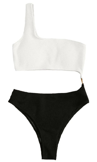 Always In Contrast <br><span> Black White Ribbed Monokini Two Piece Bikini Swimsuit </span>