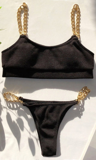 On The Boat <br><span>Black Knit Soft Cotton Feel Micro Ribbed Chain Strap Sleeveless Scoop Neck Crop Top Brazilian Two Piece Bikini Swimsuit <span>
