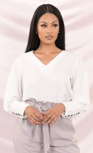 What I Need White Semi Sheer Black Button Long Bishop Cuff Puff Sleeve V Neck Button Back Blouse Top
