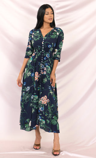 Daytime Drama Floral Pattern 3/4 Sleeve V Neck Button Smocked Casual A Line Maxi Dress