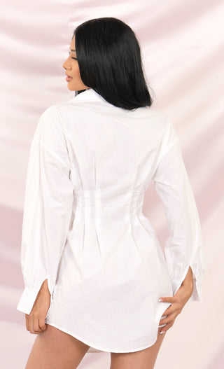 Board Meeting White Long Puff Sleeve Button Front Corset Cinched Waist Mini Shirt Dress