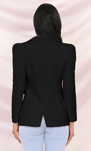 Have What You Want White Long Sleeve Puff Shoulder V Neck Structured Pocket Blazer Jacket Outerwear