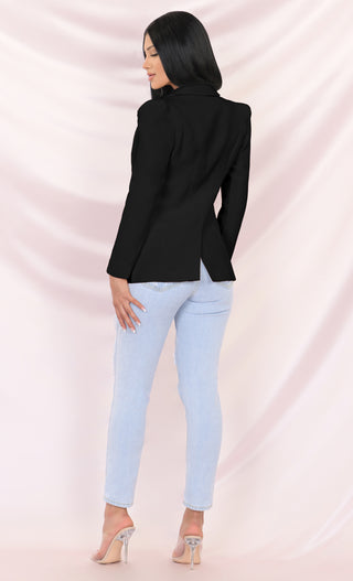 Have What You Want Black Long Sleeve Puff Shoulder V Neck Structured Pocket Blazer Jacket Outerwear