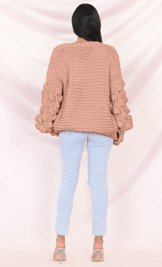 Desert Bound Red Long Sleeve Pom Pom Bubble Chunky Crochet Oversize Cardigan Knit Sweater