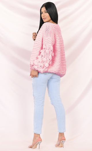 Desert Bound Dusty Pink Pom Pom Bubble Long Lantern Sleeve Chunky Knit Oversized Open Cardigan Outerwear Sweater