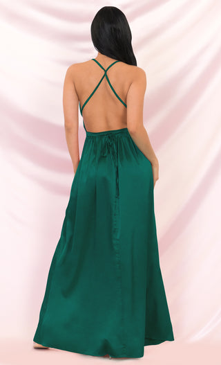 Ivory Tower Emerald Green Satin Spaghetti Strap V Neck Backless Double Slit Maxi Dress