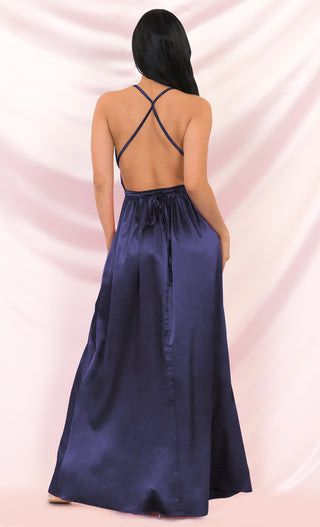 Ivory Tower Purple Satin Spaghetti Strap V Neck Backless Double Slit Maxi Dress