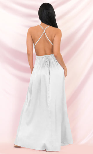 Ivory Tower Pink Satin Spaghetti Strap V Neck Backless Double Slit Maxi Dress