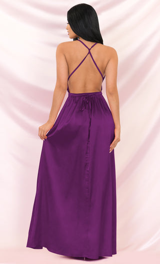 Ivory Tower Purple Satin Spaghetti Strap V Neck Backless Double Slit Maxi Dress