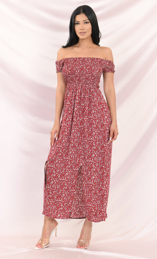 In My Glory Red White Ditsy Prairie Floral Smocked Short Sleeve Off The Shoulder Thigh Slit Pleated Casual Maxi Dress