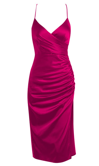 Best Bet Fuchsia Pink Satin Sleeveless Spaghetti Strap Cross Wrap V Neck Side Slit Ruched Slip Midi Dress