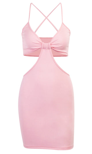 Beachy Baby <br><span>Light Pink Stretch Cut Out Waist Mini Spaghetti Strap V Neck Bodycon Mini Dress</span>