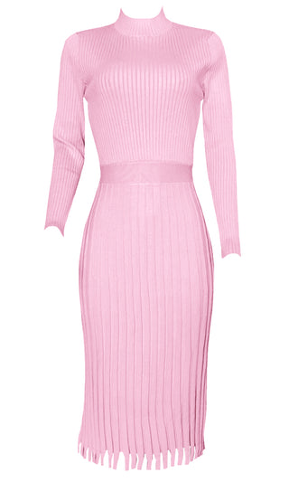 All You Want Blue Pleated Crew Ribbed Round Neck Modest Long Sleeve Stretch Knit Body Con Sweater Midi Dress