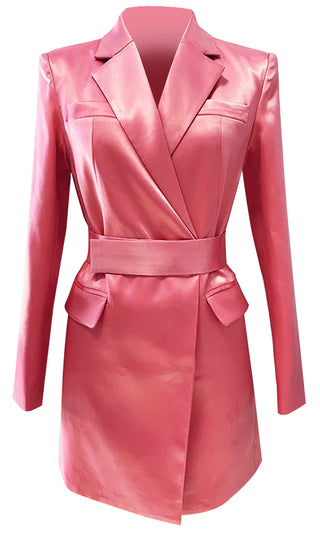 In A Blaze <br><span>Pink Satin Long Sleeve Collar Belted Blazer Mini Dress</span>