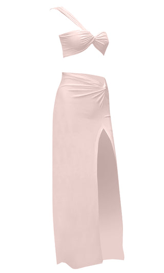 Private Yacht Party Light Pink Sleeveless One Shoulder Twist Crop Top Side Slit Bodycon Maxi Skirt Two Piece Dress