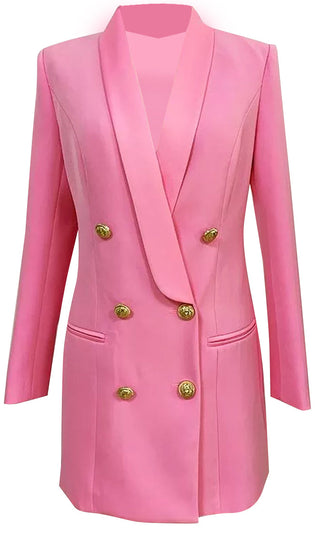 Touch Of Sass <br><span>Rose Pink Satin Lapel Double Breasted Button Long Sleeve Welt Pocket Blazer Mini Dress</span>