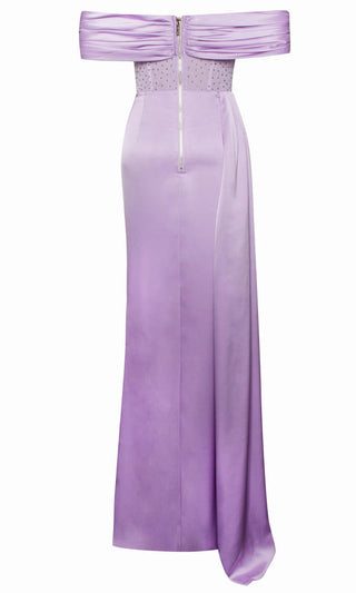 Bella Vita <br><span>Lavender Sheer Mesh Lace Satin Short Sleeve Off The Shoulder Draped High Slit Maxi Dress</span>