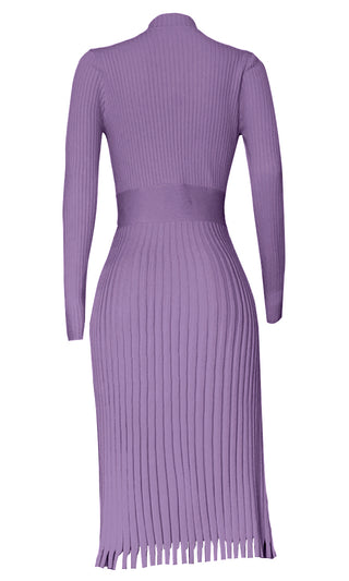 All You Want Sky Blue Pleated Crew Ribbed Round Neck Modest Long Sleeve Stretch Knit Body Con Sweater Midi Dress