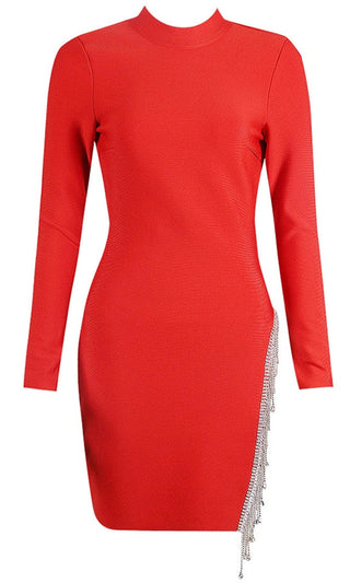 Sparkle And Shine <span><br> Red Long Sleeve Round Neck Cut Out Back Rhinestone Tassel Cut Out Side Slit Bodycon Mini Dress</span>