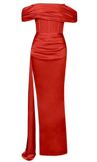 Bella Vita <br><span>Red Sheer Mesh Lace Satin Short Sleeve Off The Shoulder Draped High Slit Maxi Dress</span>